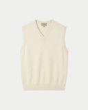 A cream-colored knit sweater vest with a V-neck and ribbed trim, displayed flat against a light gray background. #color_white