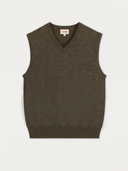 Timeless V-Neck Cashmere Vest in olive green, flat lay front view with ribbed V-neck, armholes and hem