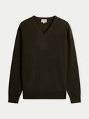 dark green v-neck sweater on a light gray background #color_avocado