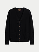 Black v-neck cardigan with buttons, side pockets on a light gray background #color_black
