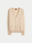 A beige knit cardigan sweater with a V-neck, button-front closure, and two front patch pockets, shown on a plain light background.