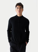 There is a close-up picture. Man wearing a black zip-up jacket on a white background #color_black