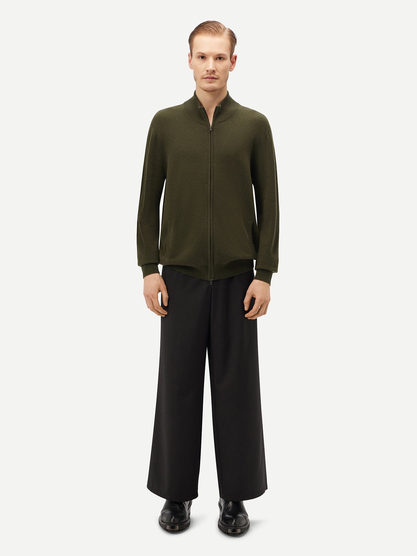 Men's Cashmere Full Zip Stand Collar Cardigan Capulet Olive - Gobi Cashmere