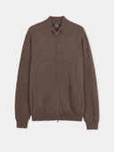 Brown zip-up sweater on a light gray background.