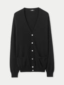 Navy blue cardigan with button details on a light gray background #color_black