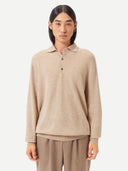Men's Beige Cashmere Polo Sweater worn by model, detail view on white background