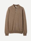 A beige-colored cashmere polo sweater with a collar, button-up neck, and long sleeves. #color_taupe