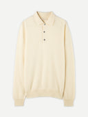 A beige-colored cashmere polo sweater with a collar, buttons, and long sleeves. #color_off-white
