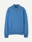 A blue half-zip sweater made of cashmere, displayed on a plain background. color_blue