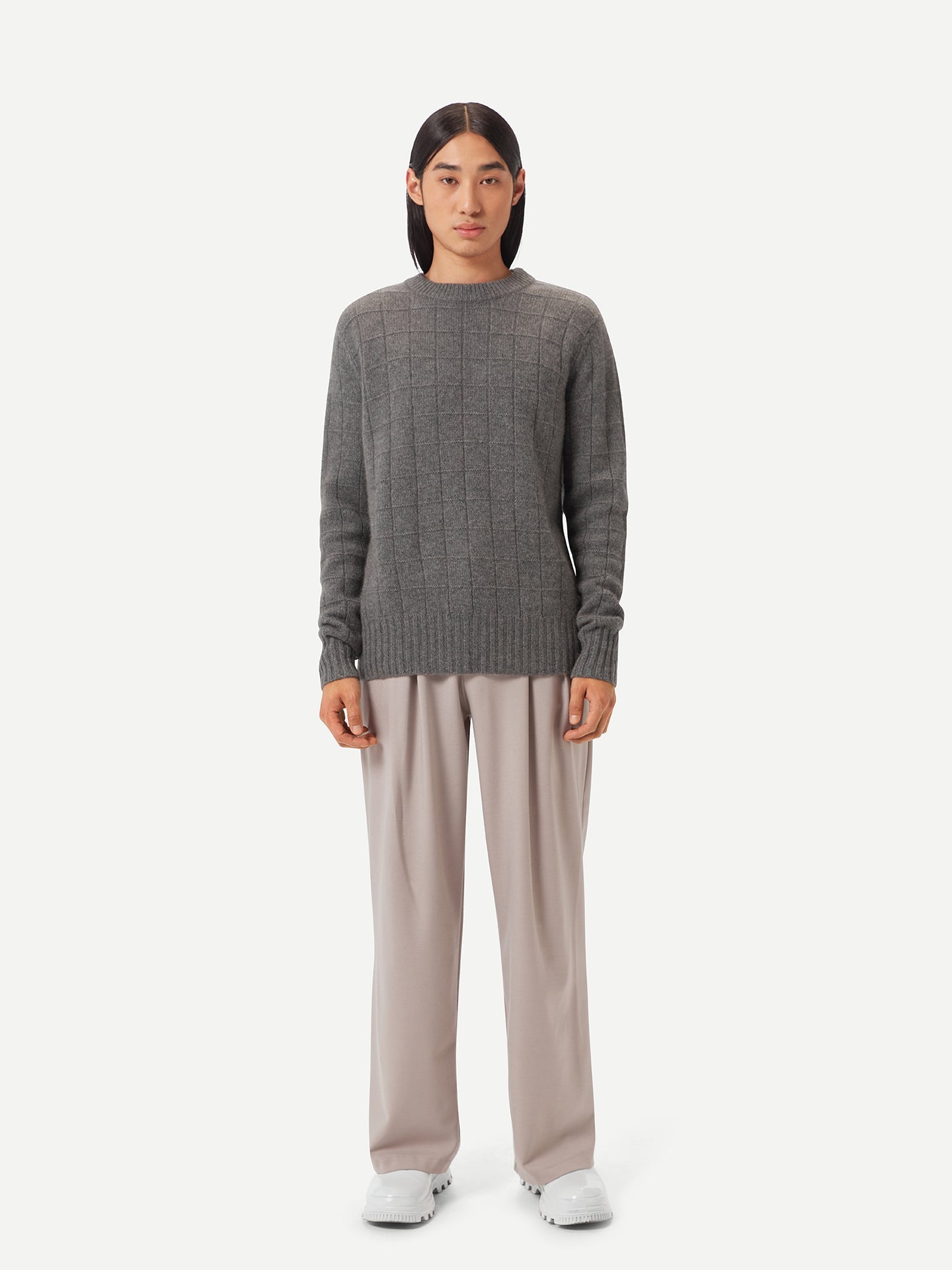 Men's Square-Patterned Cashmere Sweater Dim Gray - Gobi Cashmere