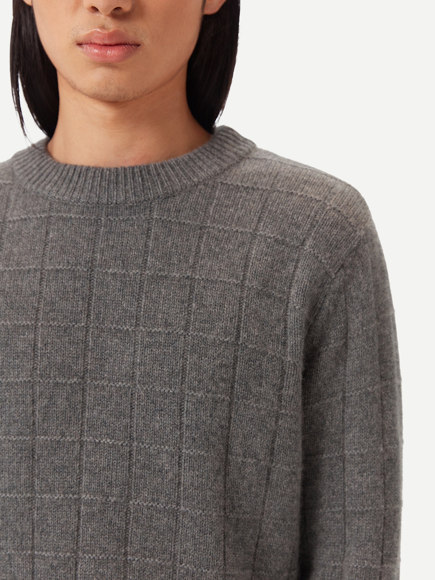 Men's Square-Patterned Cashmere Sweater Dim Gray - Gobi Cashmere