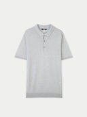 A grey cashmere silk polo shirt with short sleeves, a collar, and button-up front. #color_vapor-blue
