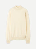 A beige cashmere mock neck sweater with ribbed cuffs, displayed against a white background. #color_off-white