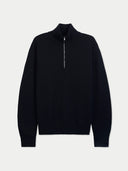 A black long-sleeve quarter-zip sweater with a stand-up collar, displayed flat against a light gray background.