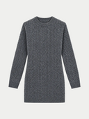 A dark gray cable-knit long-sleeve sweater dress with a crew neck, shown flat against a solid white background.