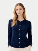close up front view of a woman wearing a navy blue crew neck cardigan on a white background #color_navy