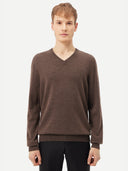 A person wearing a brown Essential Cashmere V-Neck Sweater  #color_cocoa