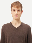 closed up front view of a brown V-neck sweater  #color_cocoa