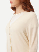 close up of a white V-neck cardigan with buttons over white t-shirt #color_off-white