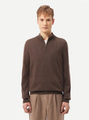 front view of a brown half -zipper sweater with mock neck and brown pants #color_cocoa