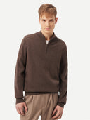 front view of a brown cashmere half-zip sweater #color_cocoa