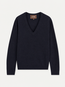A black long-sleeve V-neck knit sweater with a brown Gobi label at the collar, displayed flat against a light gray background.
