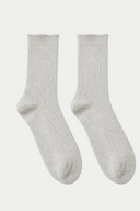 A pair of light gray ribbed crew socks displayed flat against a solid off-white background.