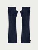 A pair of navy blue ribbed fingerless knit arm warmers laid flat on a light gray background.