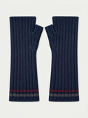 A pair of navy blue ribbed knit fingerless gloves with thin striped bands near the cuffs, displayed flat against a light off-white background.
