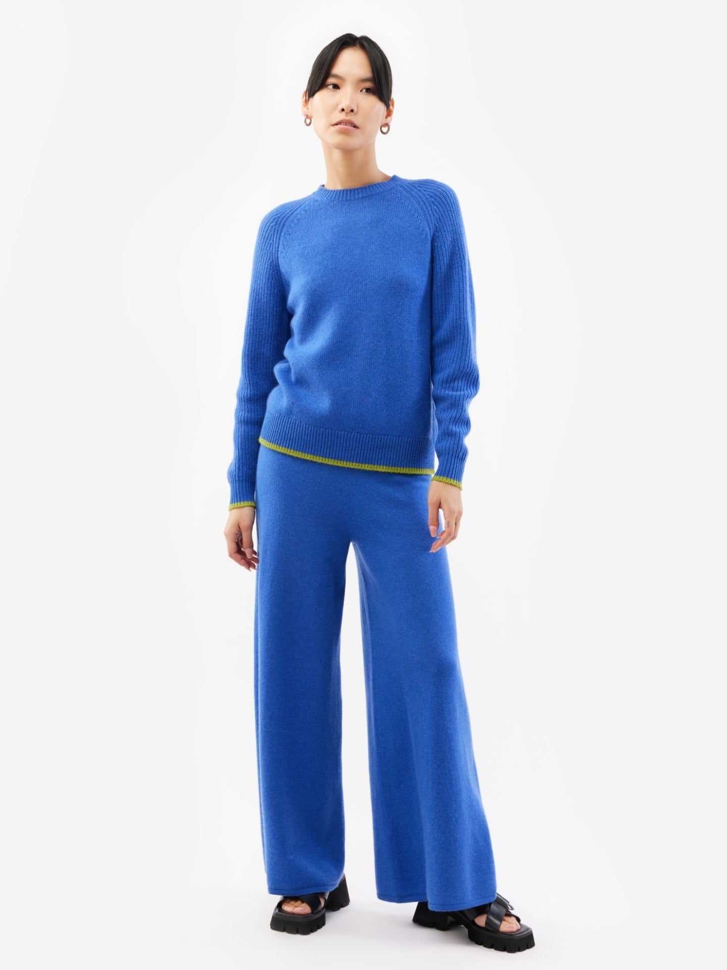 Women's Cashmere Stripe Trim C-Neck Sweater Strong Blue - Gobi Cashmere