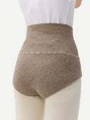 close up back view of woman wearing white top and brown underwear with white tights  #color_taupe 