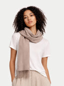 Woman wearing a beige scarf and white shirt on a light gray background #color_taupe