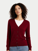 Woman wearing a red cardigan over a white shirt with a plain background #color_bordeaux