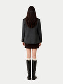 back view of a dark gray coat and black rain boots on a white background #color_charcoal