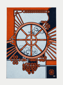 A rectangular woven textile featuring a bold geometric and decorative design in orange, navy, and pale blue, with a central wheel motif, ornamental borders, and a small square logo near the lower right corner.