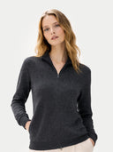 close up front view of Woman wearing a dark gray zip-up sweater on a light gray background #color_charcoal