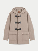 Flat lay of the Cashmere Hooded Duffle Coat in Taupe.