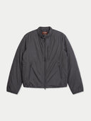 A dark gray lightweight zip-up jacket with a stand collar, displayed flat against a light gray background. The jacket features a full front zipper, a vertical zippered pocket on the chest, and zippered hand pockets.