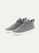 A pair of gray high-top cashmere sneakers with a lace-up closure.  #color_stone-gray