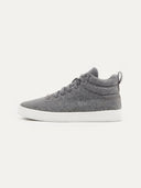 side view of a gray high top cashmere sneaker with white rubber sole, matching gray laces on a light gray background   #color_stone-gray