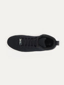 A top-down view of a black sneaker with a textured knit upper and matching black laces. The interior features a tan insole with the "GOBI" logo and "CASHMERE" printed in dark text, all set against a white background. #color_black