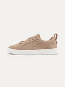 side view of a gray sneakers with white rubber sole  #color_taupe