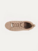 A top-down view of a beige sneaker with a textured knit upper and matching beige laces. The interior features a tan insole with the "GOBI" logo and "CASHMERE" printed in dark text, all set against a white background. #color_taupe
