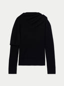 back view of a black long-sleeve sweater with a scarf, v-neckline design on a light gray background. #color_black