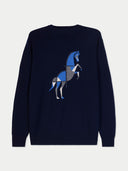 front view of a Navy blue crew neck sweater with a horse design on a light gray background #color_navy