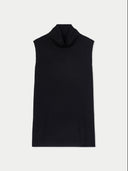 Black sleeveless top with a high collar on a white background #color_black