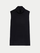flat lay of a black turtle neck sleeveless top on a light gray background. #color_black