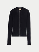 Black zip-up crew neck cardigan on a light gray background #color_all