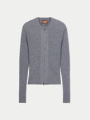 front view of a gray zip-up ribbed crew neck cardigan on a light gray background #color_steel-gray