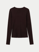 A dark brown long-sleeve crewneck knit top, displayed flat against a light gray background.